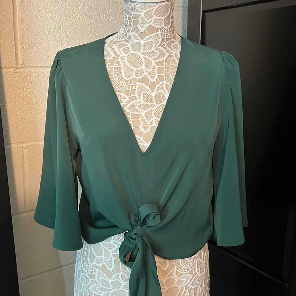 Deep green V neck tie front top